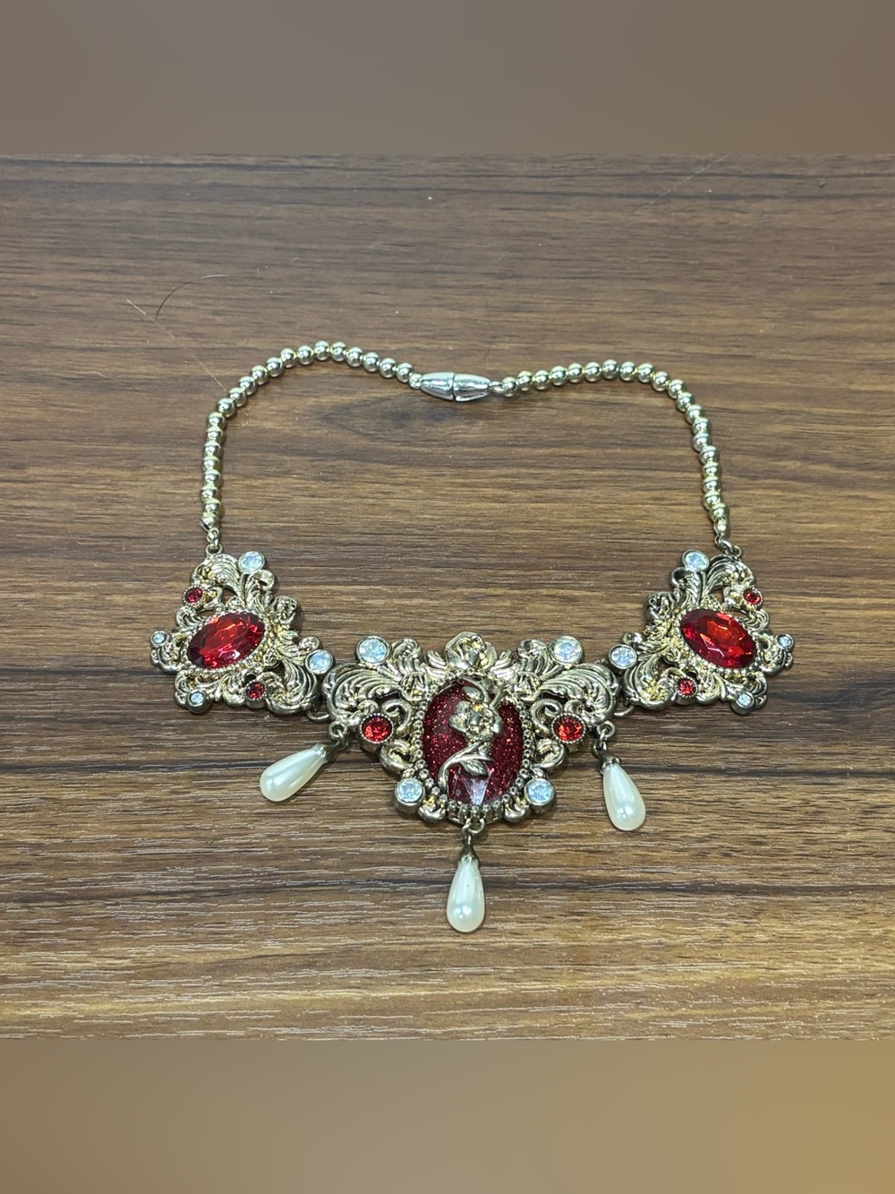 Beauty & the Beast Belle Disney Store Rose Ornate Goldtone Red Necklace